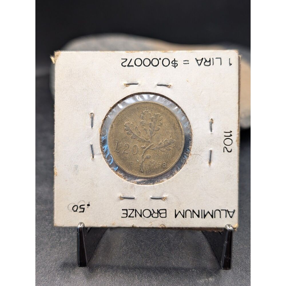Vintage 1958 Italy 20 Lire Coin Oak Branch Italian Republic Aluminum Bronze